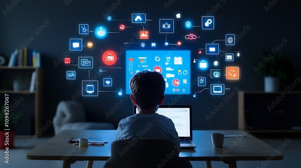 Aufkleber innovative online learning environment with child sitting in front of a floating laptop screen glowi