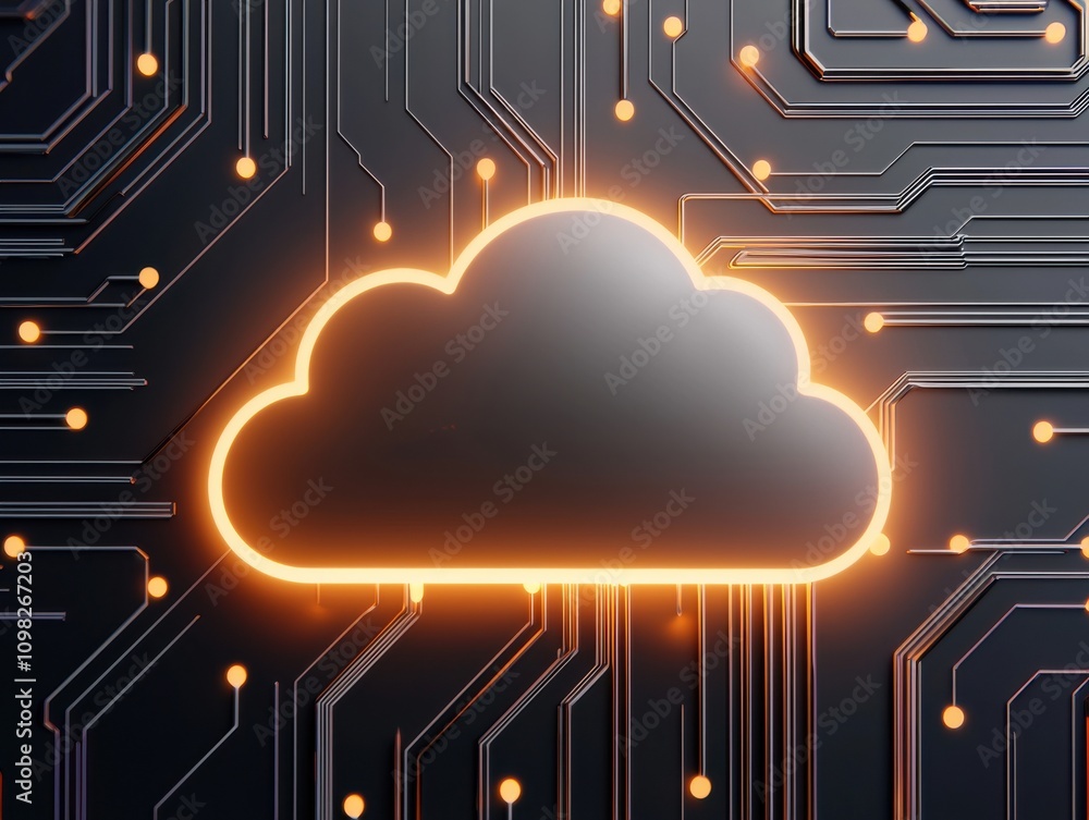 Poster a glowing cloud icon on a circuit board background, symbolizing cloud computing and digital technolo