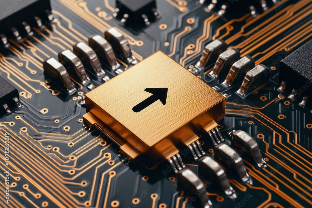 Poster a close-up view of a circuit board featuring a golden microchip with an upward arrow, surrounded by 