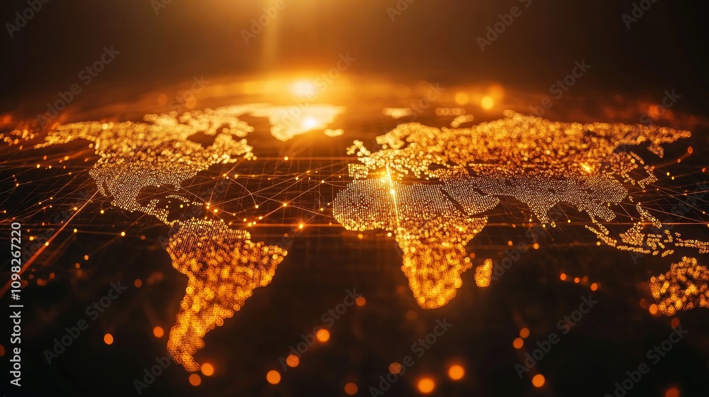 Poster glowing world map with interconnected nodes representing global network.