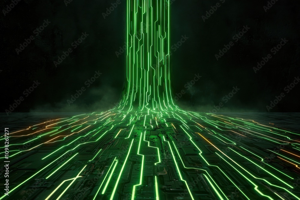 Poster a vivid green digital cascade flows downward, surrounded by circuit patterns, creating a futuristic 
