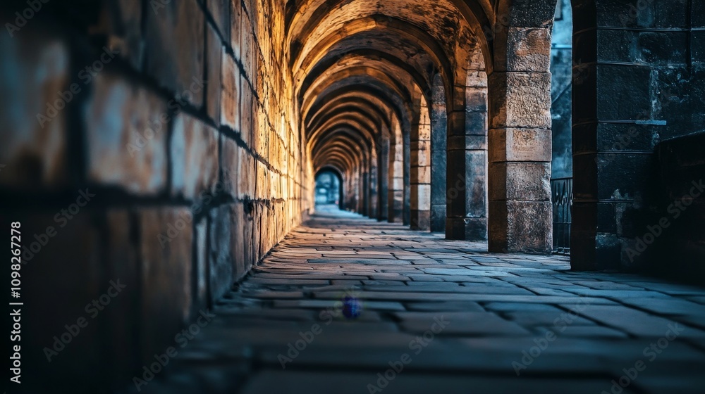 Aufkleber a serene stone corridor with arches, illuminated by soft light, creating a tranquil atmosphere.