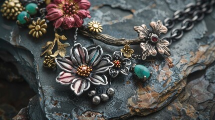 Fototapeta premium Exquisite Artisan Floral Jewelry on Rustic Rock Background