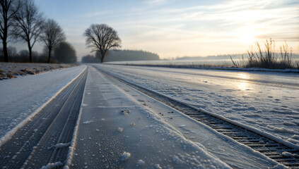 frosty winter road in the snow with trees in the distance, no people