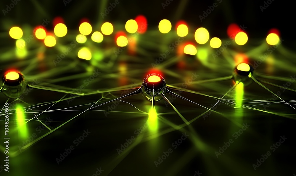 Poster abstract representation of interconnected nodes and networks with glowing elements.