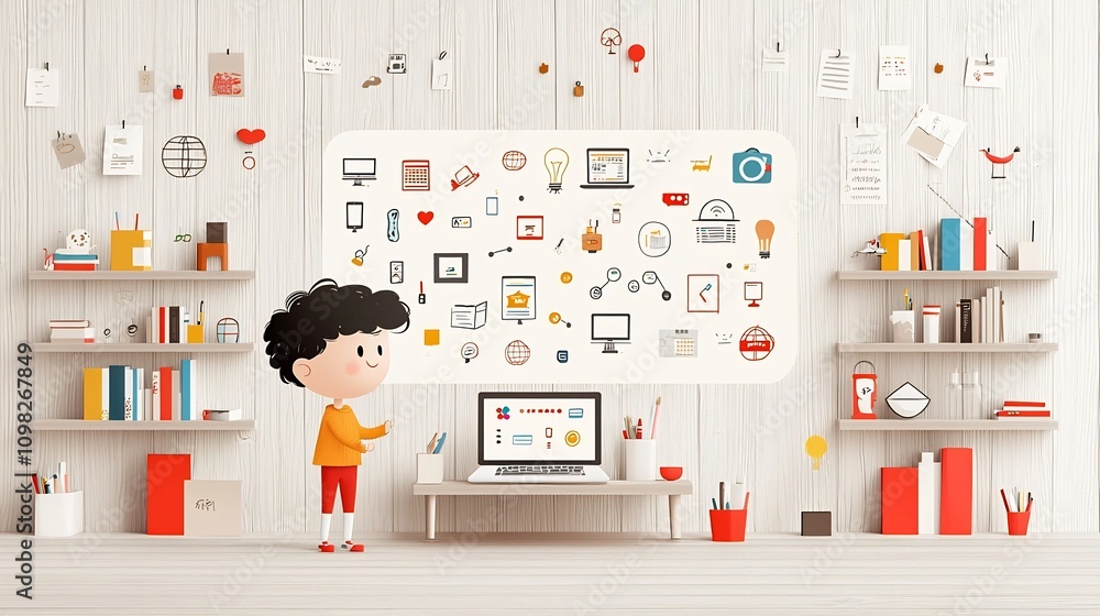 Poster Curious and creative child gazing thoughtfully at a floating laptop with various digital icons surrounded by neatly arranged bookshelves on a dark wooden background