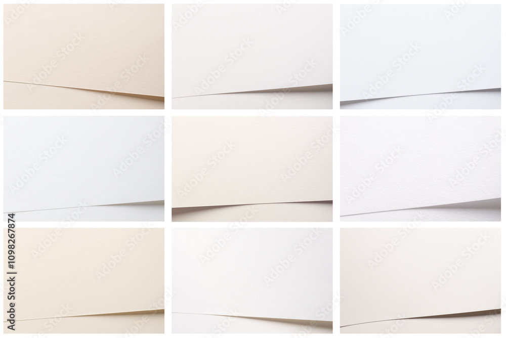Poster white, beige, and cream paper textures set with a minimalist and chic design. smooth and matte surfa