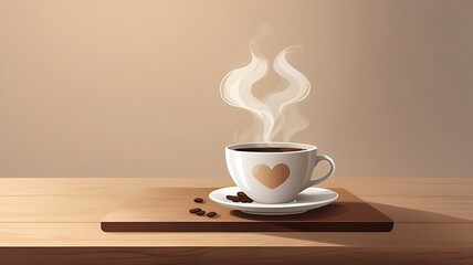 Steaming Coffee Cup With Heart Design On Wooden Table