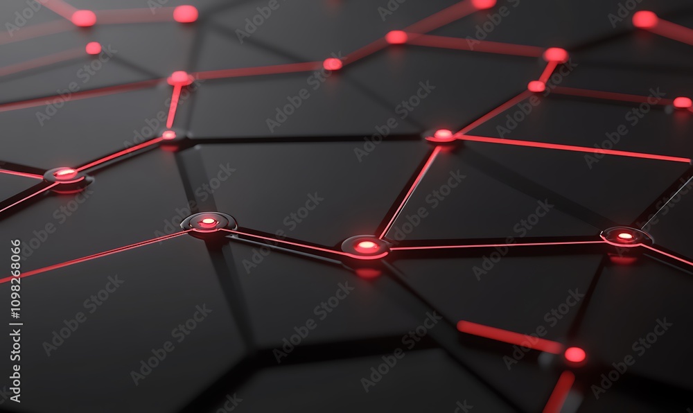 Poster a close-up of a futuristic network design with glowing red nodes on a dark surface.