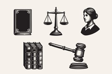  Set of vintage legal symbols, including scales of justice, gavel, books, a framed portrait, and a lady's profile. Black and white woodcut-style illustration representing law and justice. © Victoria