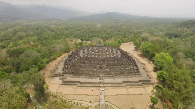 aerial view buddist temple Borobudur complex in Yogjakarta Java, indonesia. tourist attraction, Unesco world heritage. Candi Borobudur