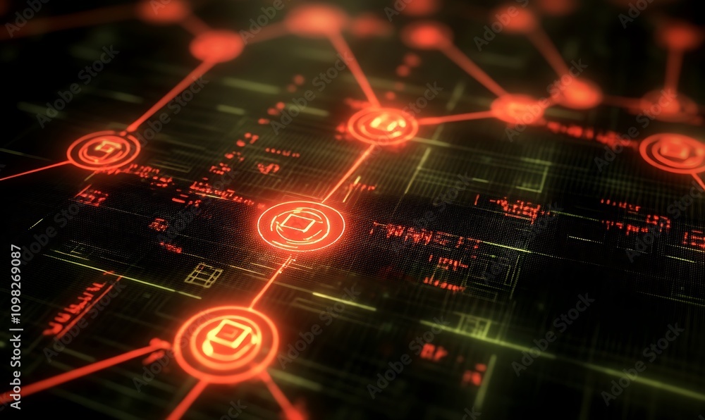 Poster digital network visualization with glowing red connections and data nodes.