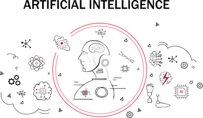 Data Science doodle vector banner with icons. Black and white illustration of data science with space for text.