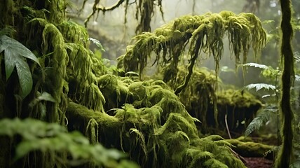Lush Green Moss Drapes Over Rainforest Branches