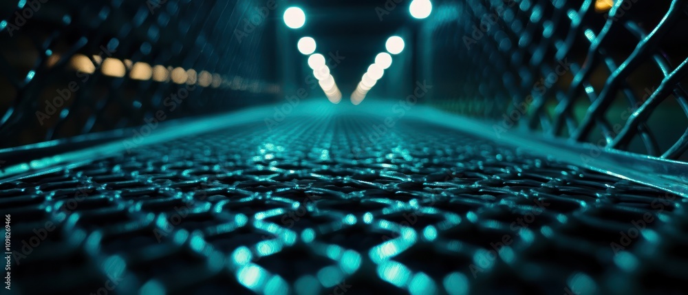 Poster a close-up view of a metallic grid surface leading into a blurred, illuminated pathway.