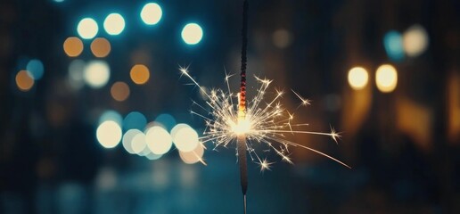 Fototapeta premium sparkler, celebration, night lights, bokeh, holiday fireworks, festive mood, glowing sparkler on dark background, vibrant colors, joy and happiness in focus