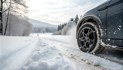 suv driving on snowy rural road during winter, rural travel, snow adventure