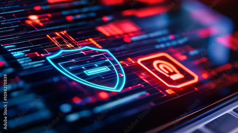Poster digital security interface featuring a shield and data protection icons.