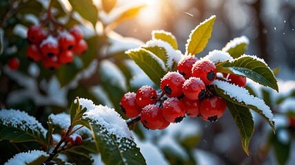 Snow Dusted Red Berries On Winter Branches