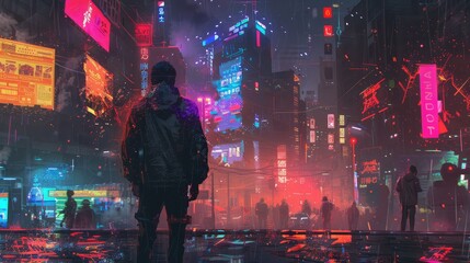 Mysterious Figure in Neon-Lit Cyberpunk City
