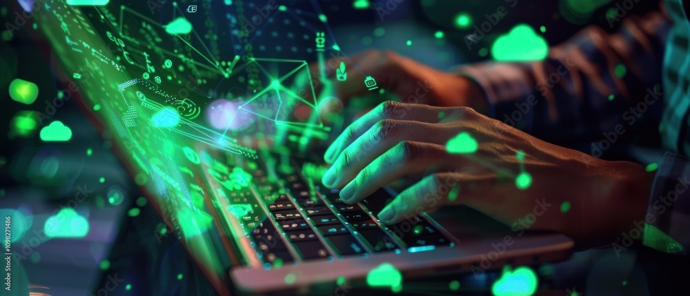 Poster a person typing on a laptop with digital graphics and data overlays.
