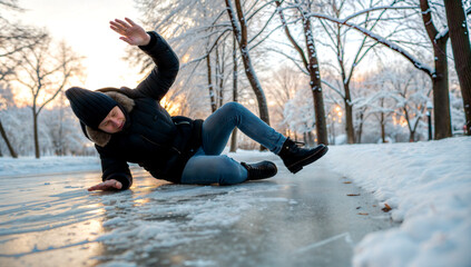 person falling on icy park path surrounded by snowy trees, danger of injury and black ice
