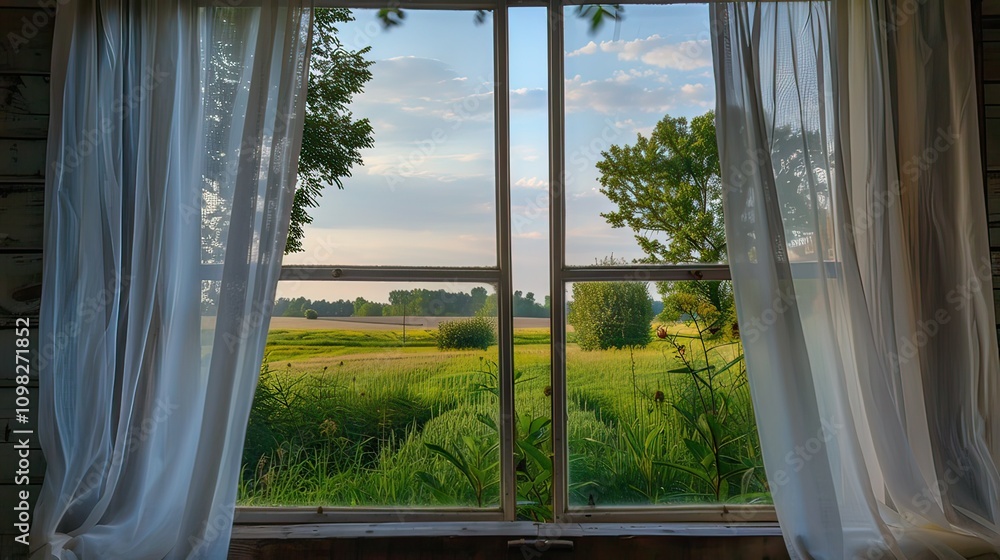 Poster a farmhouse window with white curtains and a view of the fields.