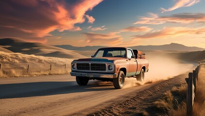 Obraz premium Rustic Truck Travels Scenic Desert Road at Sunset