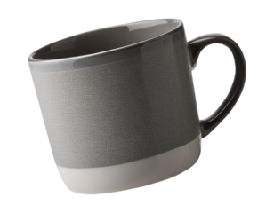 Stylish gray ceramic mug with a modern design, perfect for coffee or tea.