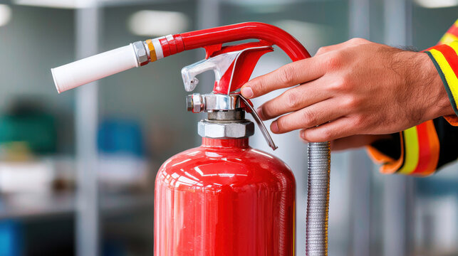Firefighter holding fire extinguisher, demonstrating safety training techniques. focus is on equipment and importance of fire safety in various environments