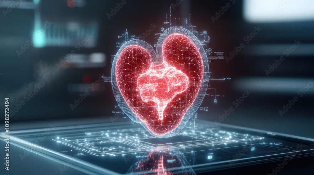 Poster digital heart visualization with glowing elements and technology backdrop.