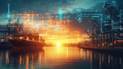Cargo Ship at Sunrise with Digital Elements