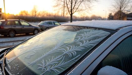 frosted windshield on parked car on a sunny winter day
