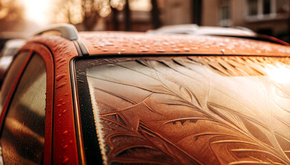 frost patterns on red car windshield on a sunny winter day