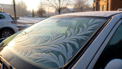 frost designs on car windshield in sunny winter morning