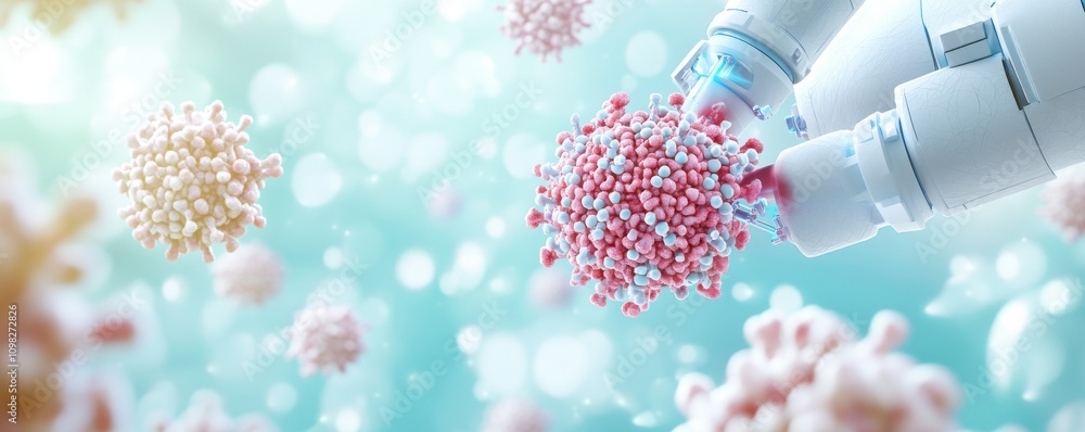 Poster robotic hand interacting with colorful virus-like particles in a soft background.