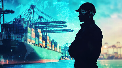 Silhouette of Customs Officer by Container Ship