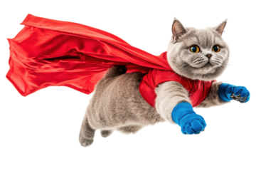 Superhero cat in a red cape flying against a white isolated background.