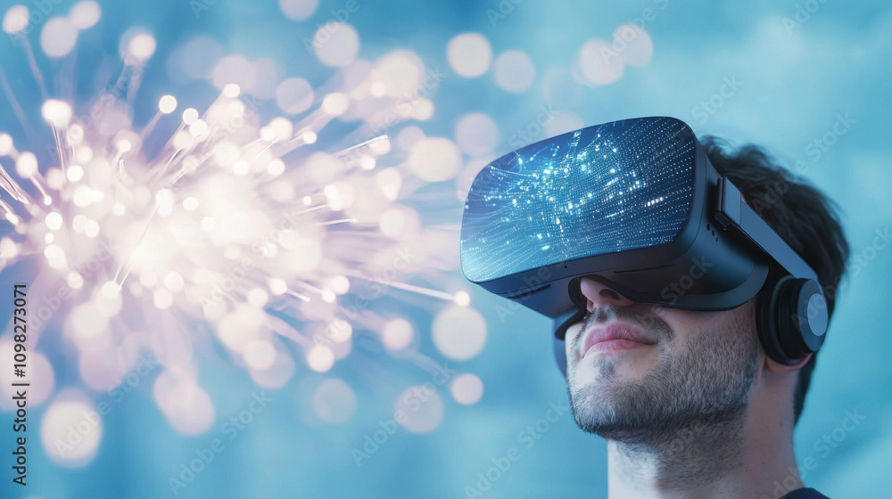 Poster immersive virtual reality experience with technician using vr headset, exploring digital environment