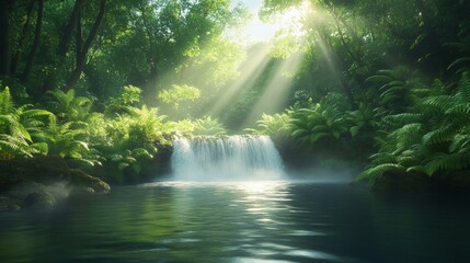 Fototapeta premium Serene Waterfall in Lush Rainforest.