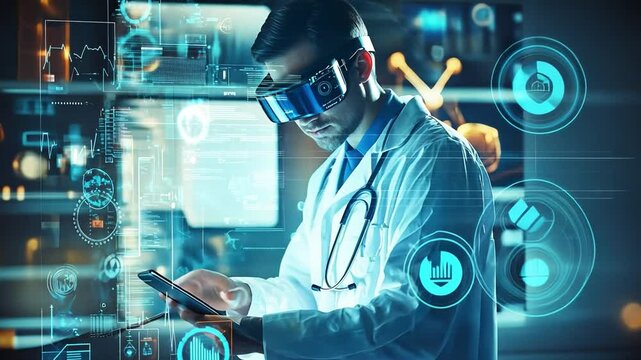 The Future of Healthcare: A doctor wearing VR goggles examines a tablet in a futuristic laboratory setting, surrounded by glowing holographic data.
