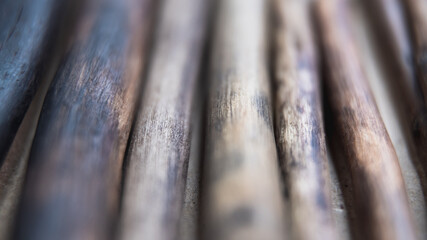 Selective focus. Close-up of driftwood sticks arranged in a row, showcasing natural variations in color from dark to light. Perfect for minimalist projects. Texture, craftsmanship, and organic beauty