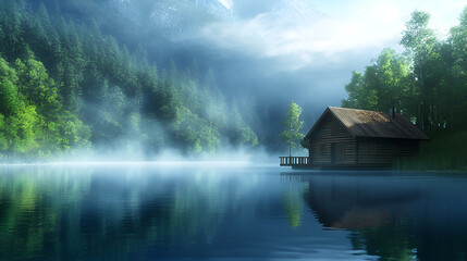 Fototapeta premium Wooden cottage on the lake in the morning , A cabin on a lake surrounded by trees , Wooden house on the lake in the fog ,A small Quiet reflective moment Quiet reflective moment in nature, tranquil 