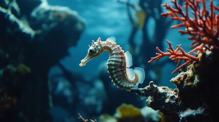 A seahorse gracefully swims among coral in a vibrant underwater scene.