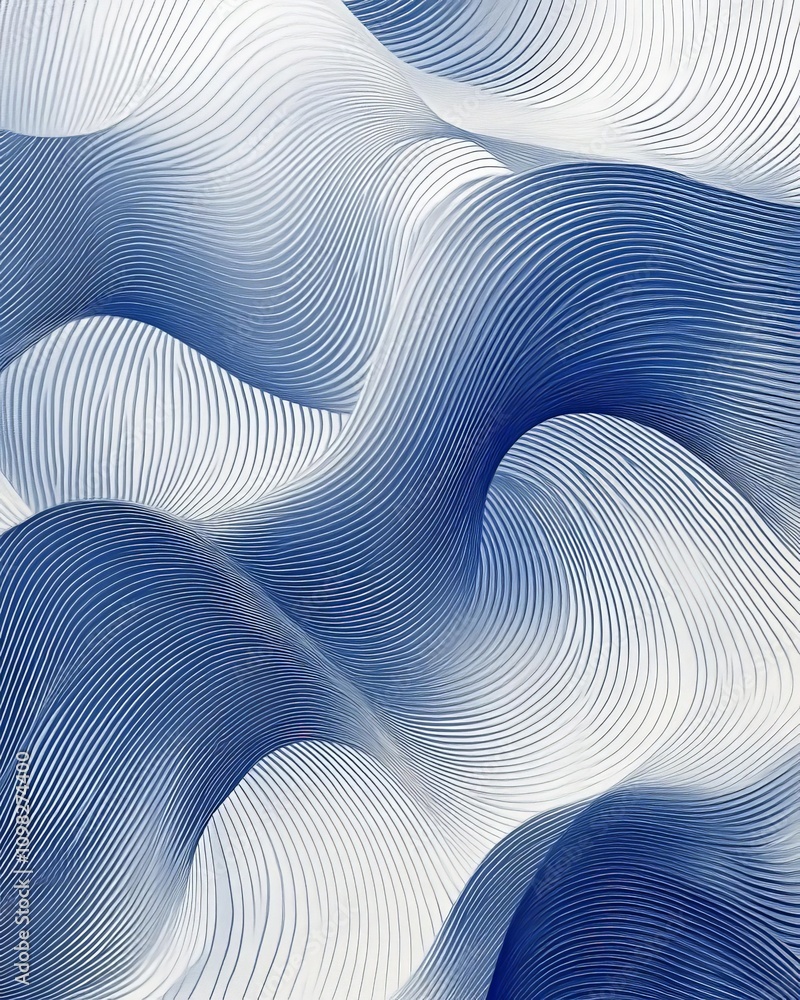 Poster a mesmerizing abstract design featuring flowing lines in blue and white, creating a wave-like patter