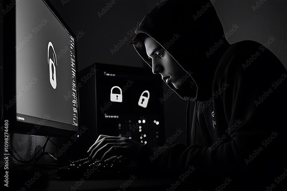 Poster a hooded figure intently typing at a computer with a lock symbol on the screen.