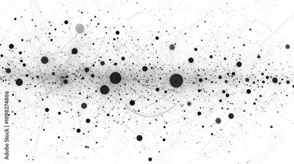 Poster an abstract black and white design featuring a chaotic arrangement of circles and dots, creating a v