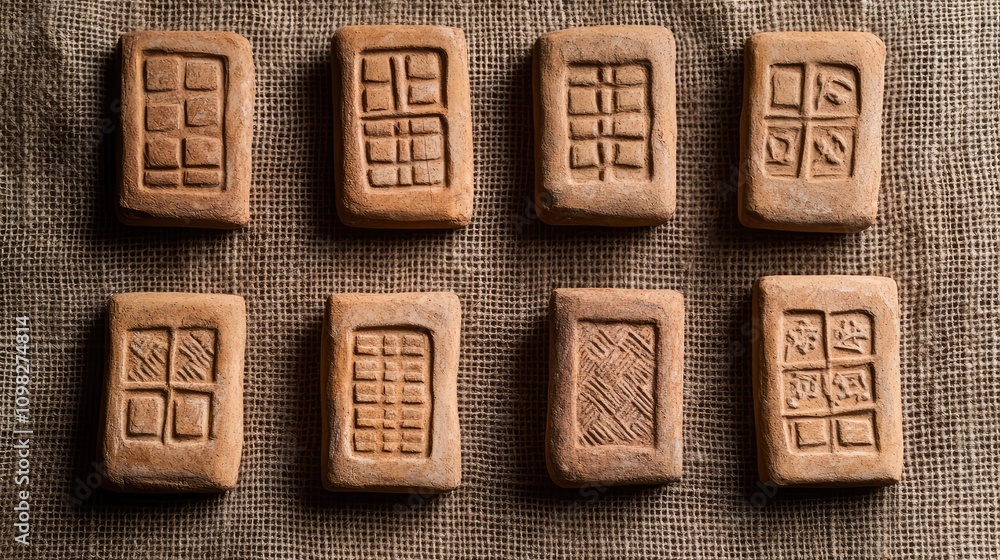 Fototapete Hand-pressed clay tablets with engraved data symbols, aligned in a network pattern on a burlap background