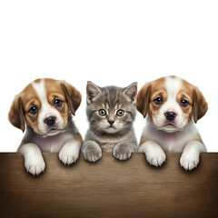 Group of puppies and kittens peeking over a sign, isolated on white background
