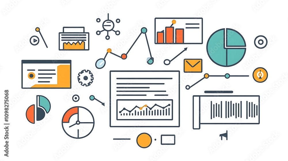 Poster a collection of graphic elements representing data analysis and business insights.